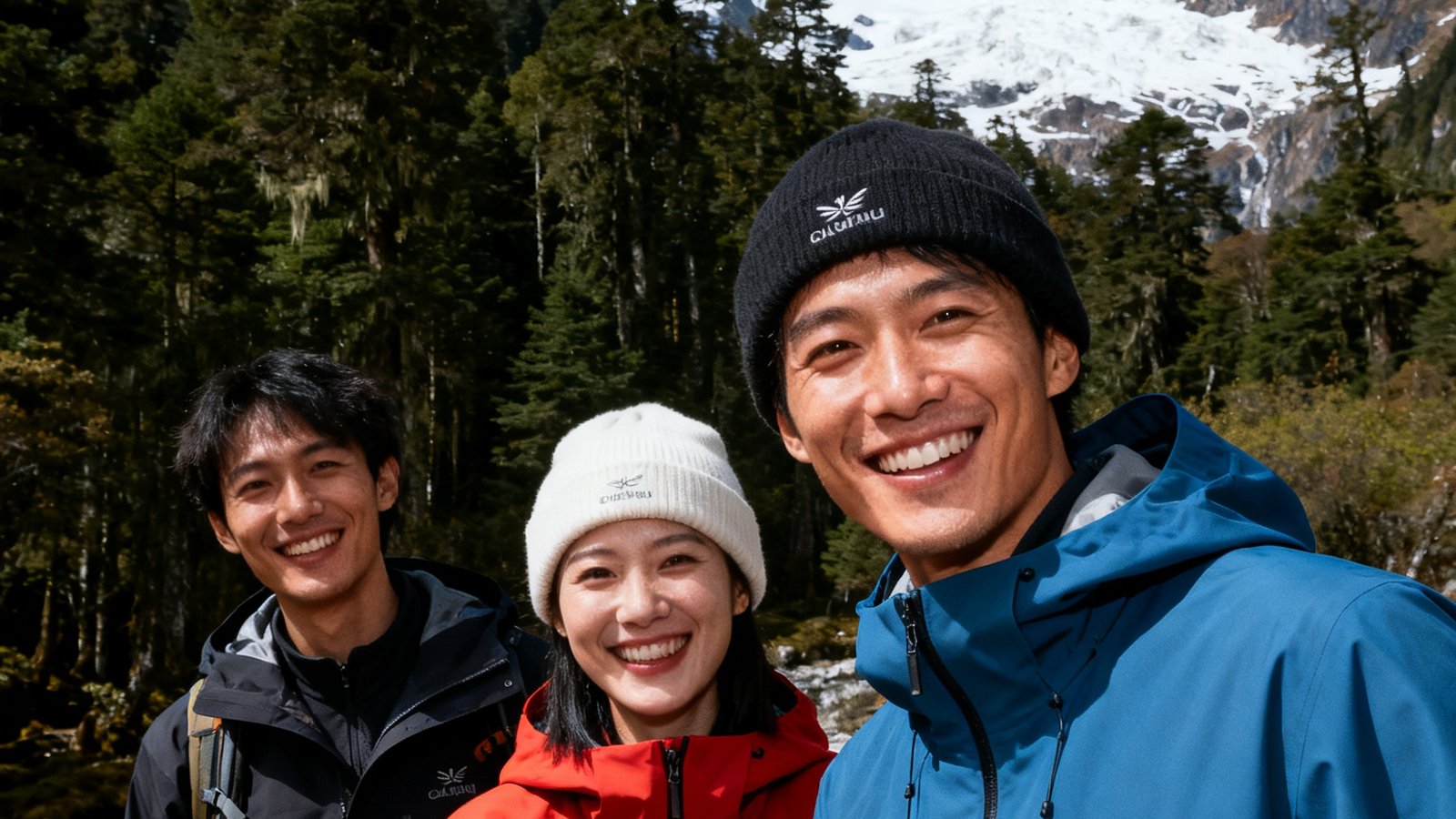 开云社区成员在雨崩徒步途中拍摄的原始森林与雪山,队员穿着开云皮肤衣,笑容灿烂
